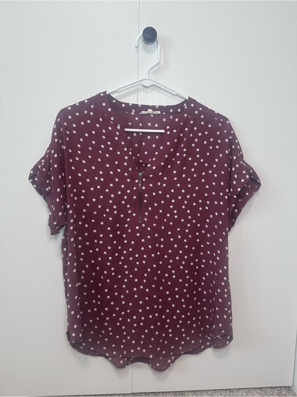 Maurice’s Polka Dot Zip-Front Short Sleeve Top - Burgundy